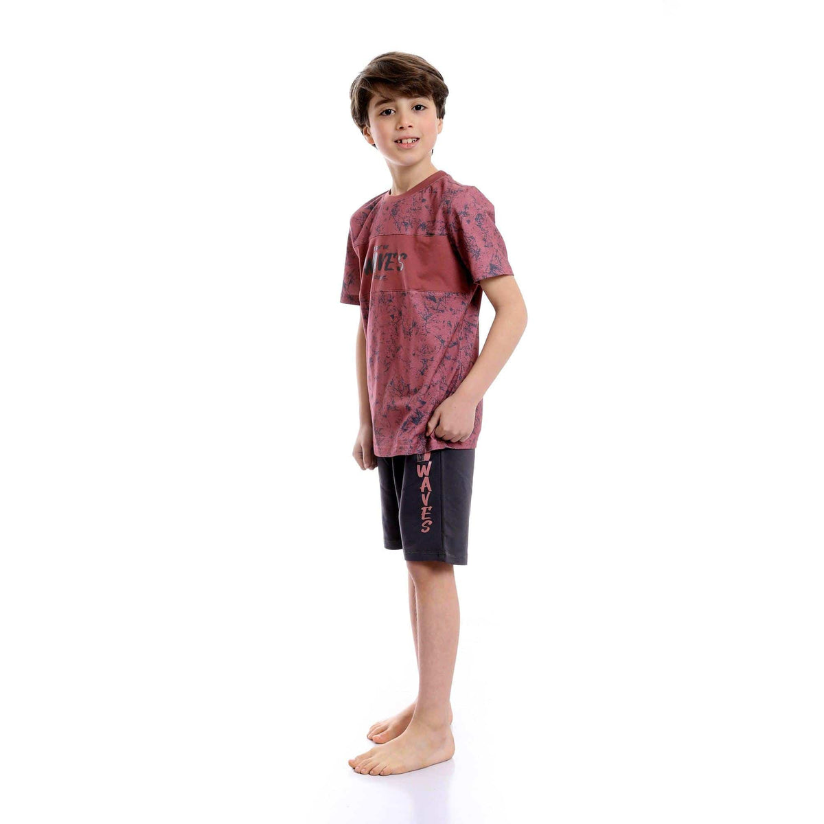 Printed Round Neck Tee & Shorts Pajama Set - Burgundy & Grey - Red Cotton